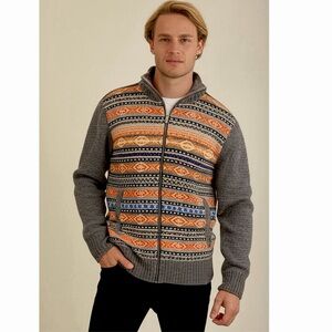 JOGGER 100% Wool Sweater Full Zip Mens Large Pockets Geometric Knit Collared